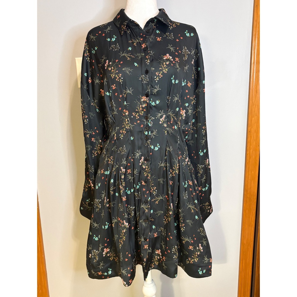 Exquise Anthropologie Floral Shirt Dress Black Satin Pleated Mini Pockets Size M - Picture 2 of 12